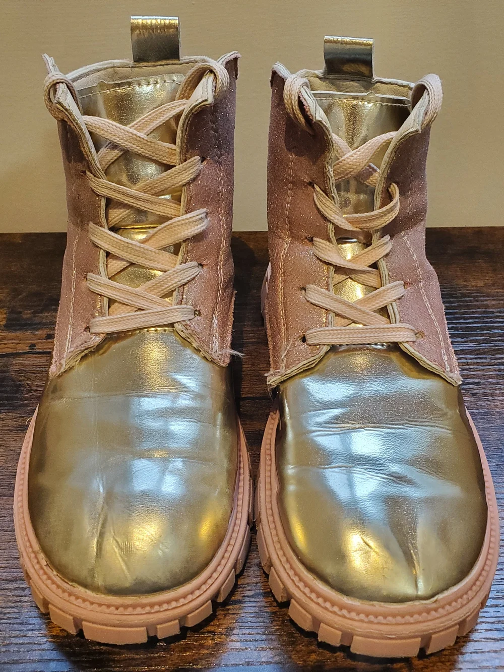 Girls Metallic Gold & Blush Glitter Pink Lace-Up Boots - Picture 3 of 6